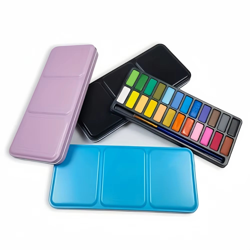 24-Color Portable Watercolor Paint Set with Brush Solid Art Painting Solid Watercolour Pigments Outdoor Sketching Set