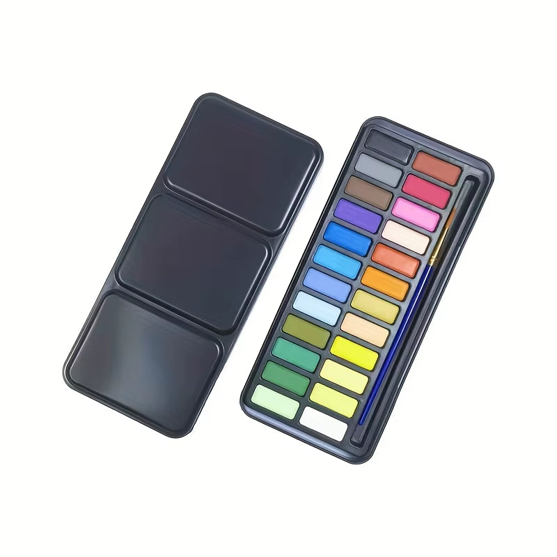 24-Color Portable Watercolor Paint Set with Brush Solid Art Painting Solid Watercolour Pigments Outdoor Sketching Set
