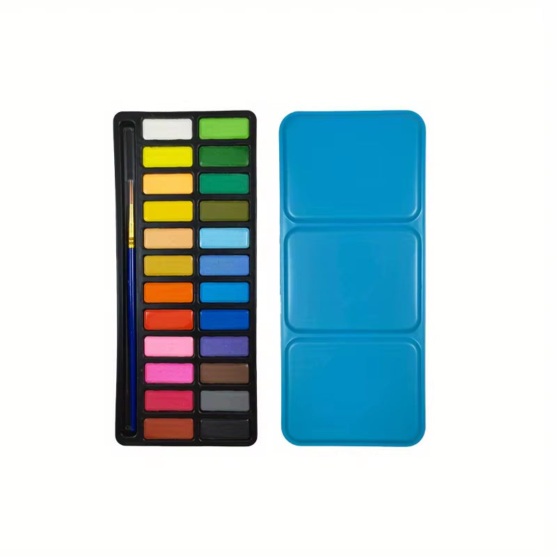 24-Color Portable Watercolor Paint Set with Brush Solid Art Painting Solid Watercolour Pigments Outdoor Sketching Set