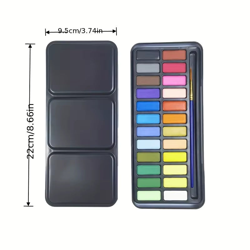 24-Color Portable Watercolor Paint Set with Brush Solid Art Painting Solid Watercolour Pigments Outdoor Sketching Set