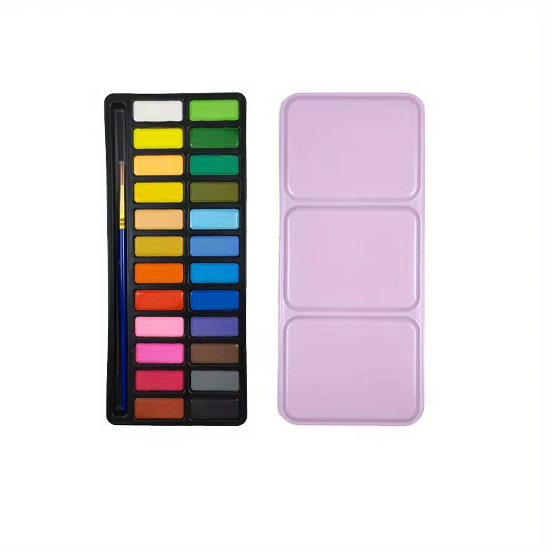 24-Color Portable Watercolor Paint Set with Brush Solid Art Painting Solid Watercolour Pigments Outdoor Sketching Set