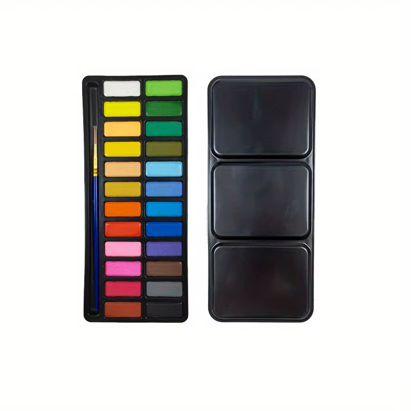 24-Color Portable Watercolor Paint Set with Brush Solid Art Painting Solid Watercolour Pigments Outdoor Sketching Set