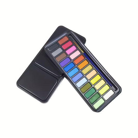 24-Color Portable Watercolor Paint Set with Brush Solid Art Painting Solid Watercolour Pigments Outdoor Sketching Set